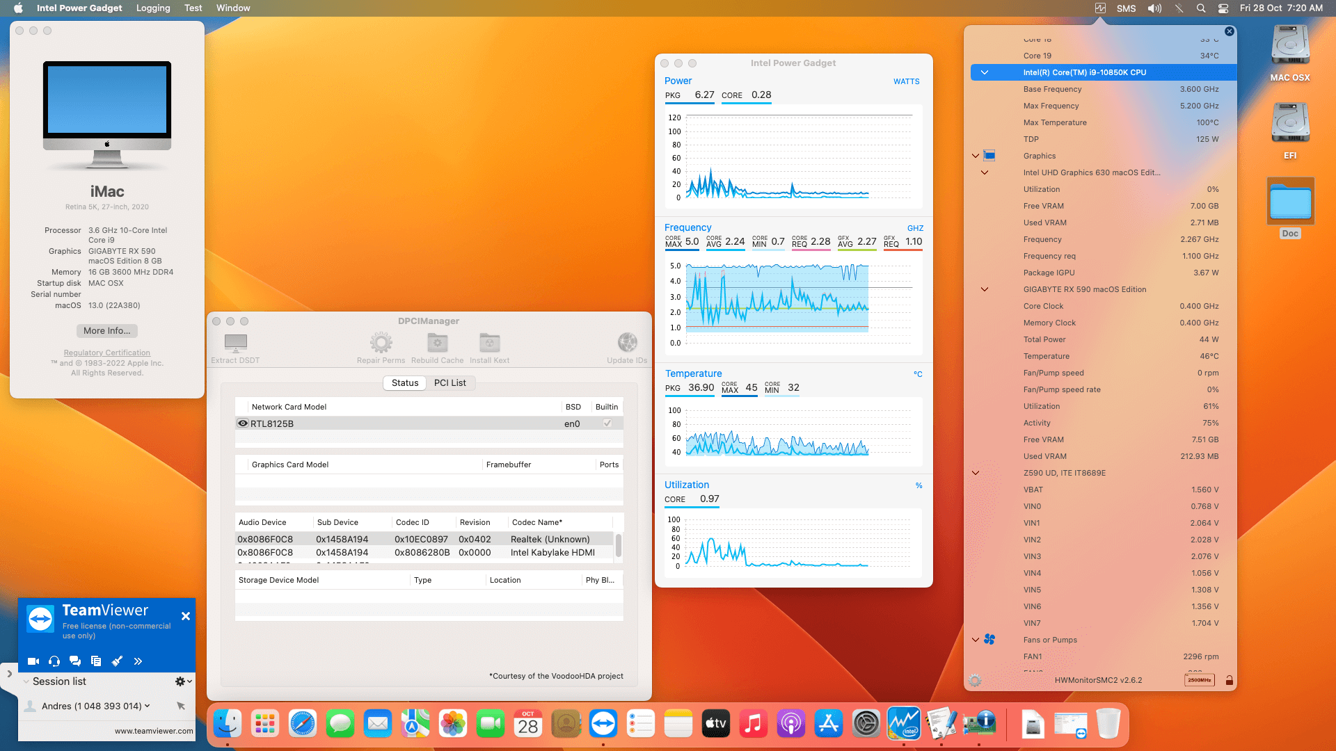 Success Hackintosh macOS Ventura 13.0 Build 22A380 in Gigabyte Z590 UD + Intel Core i9 10850K + Gigabyte RX 590